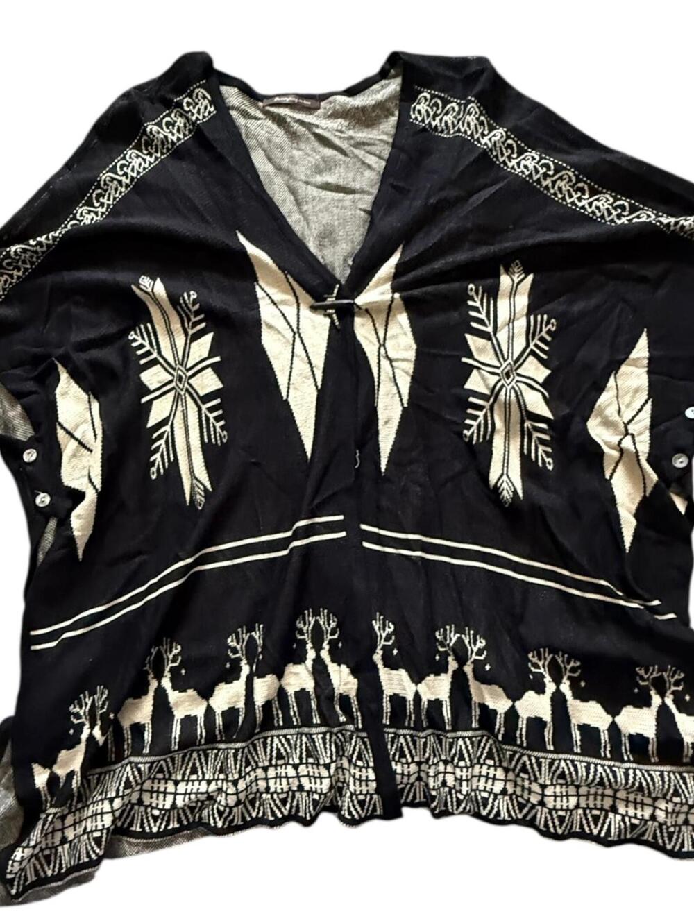 Do Everything In Love Black Cream Reindeer Aztec Knit Poncho Boho Fall Sweater